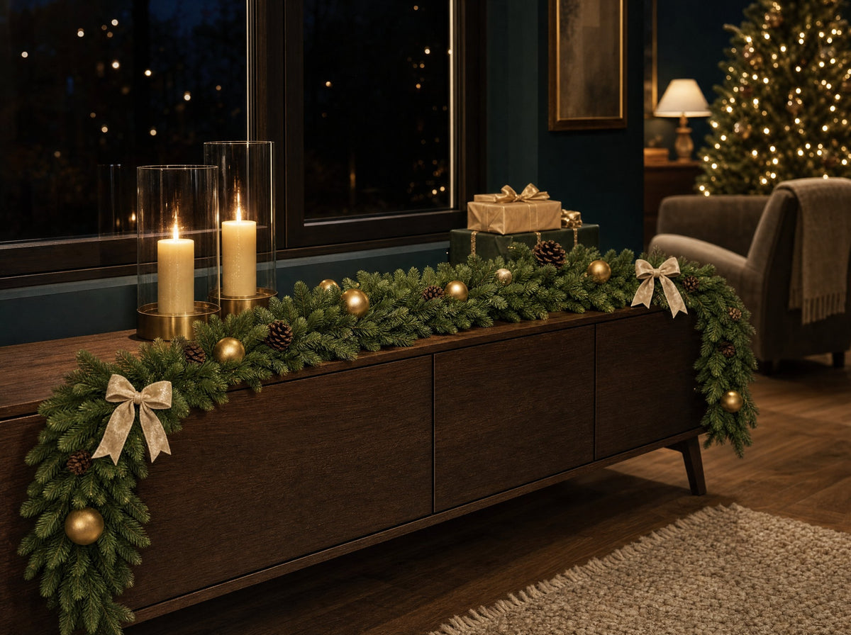Dekorierte Weihnachtsgirlande auf einem Sideboard im Wohnzimmer am Abend