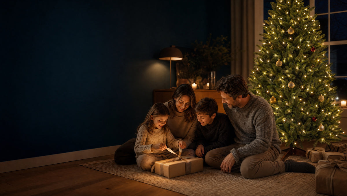 Familie bei der Bescherung vor einem beleuchteten künstlichen Weihnachtsbaum von Pure Living