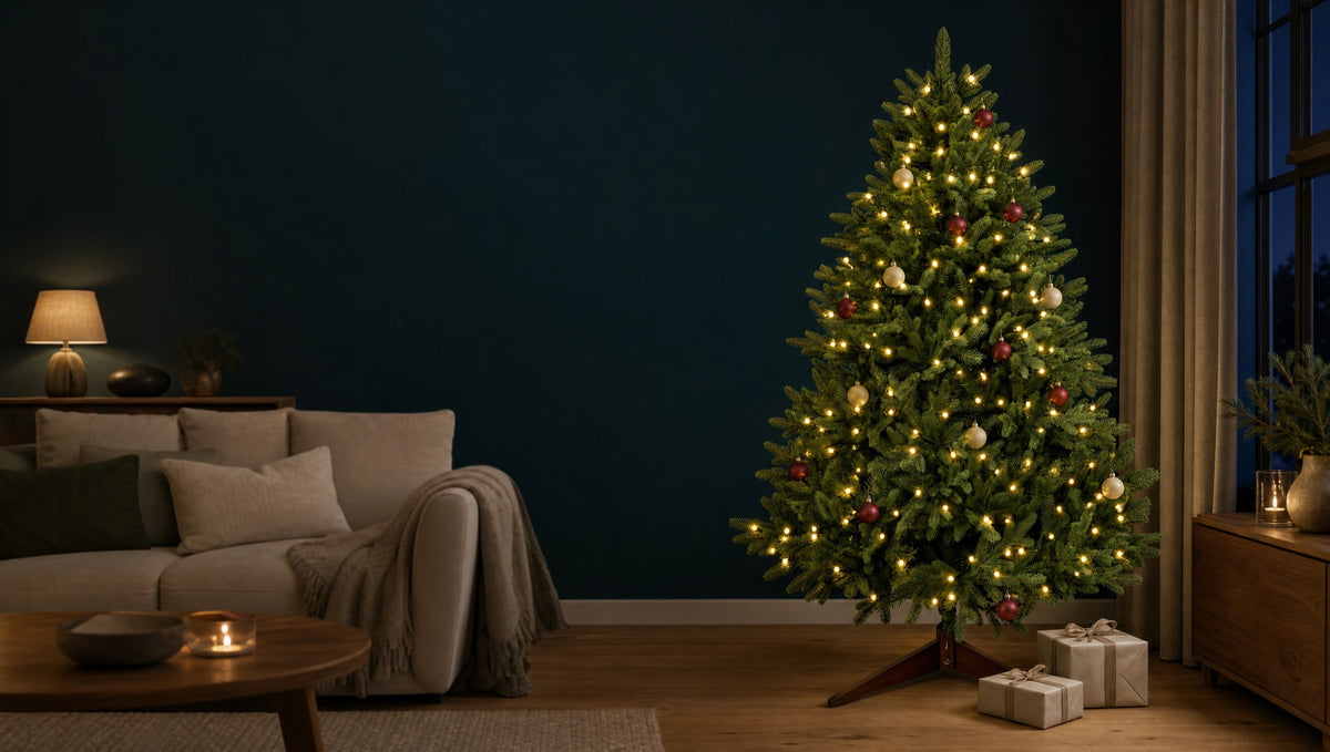 Beleuchteter künstlicher Weihnachtsbaum aus PE-Spritzguss am Abend im Wohnzimmer